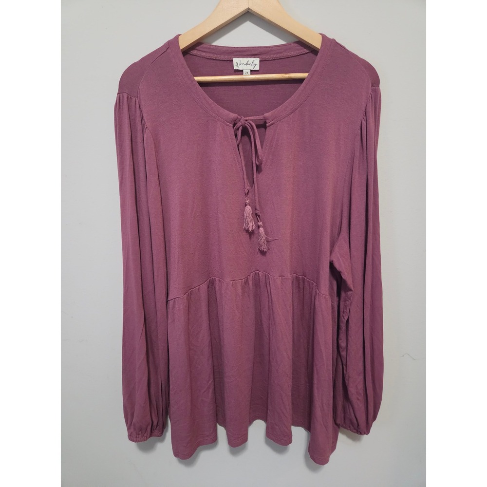 Wonderly Womens 2X Plum Purple Babydoll Peplum Top Tassel Tie Long Sleeve Blouse